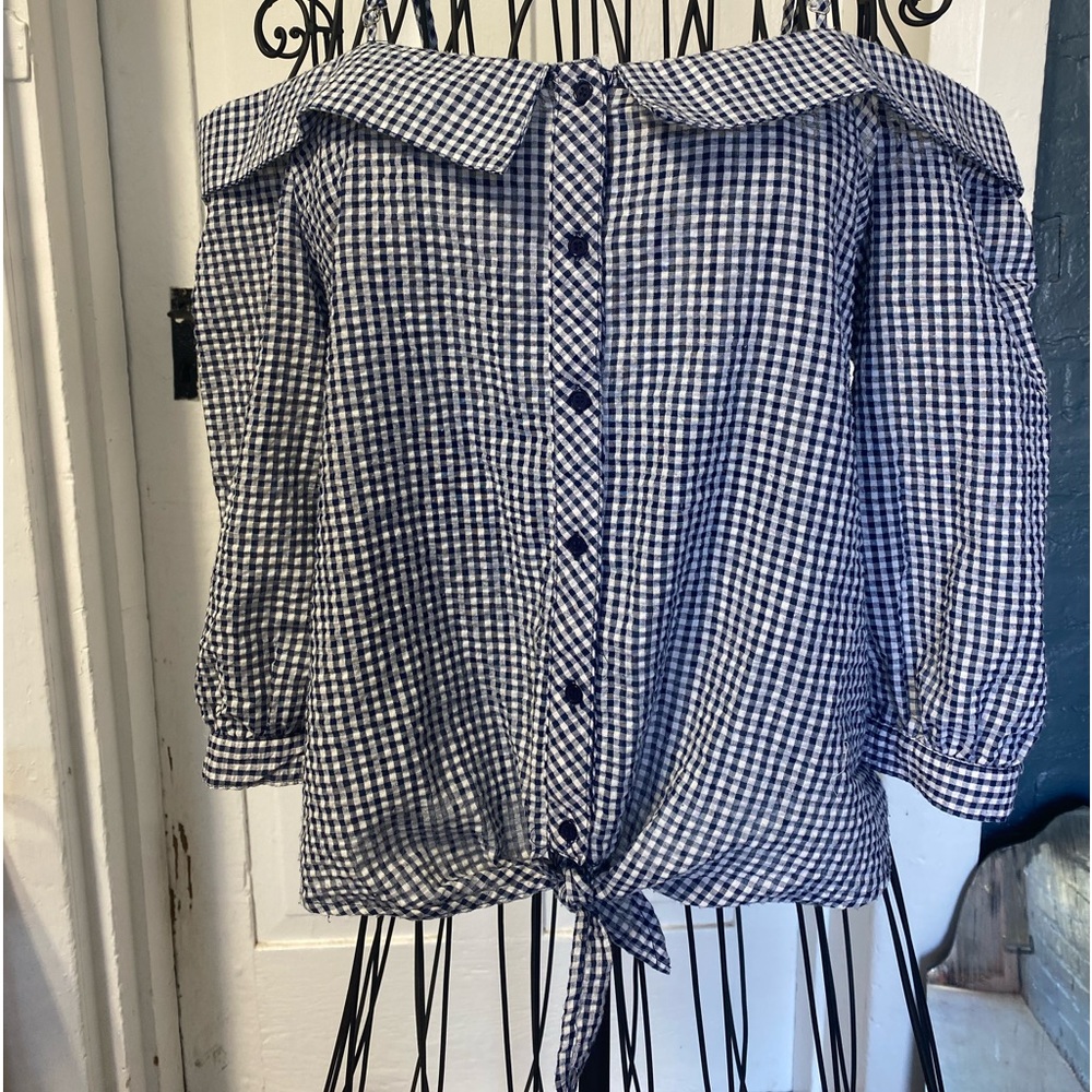 Caution to the Wind gingham cold shoulder button blouse